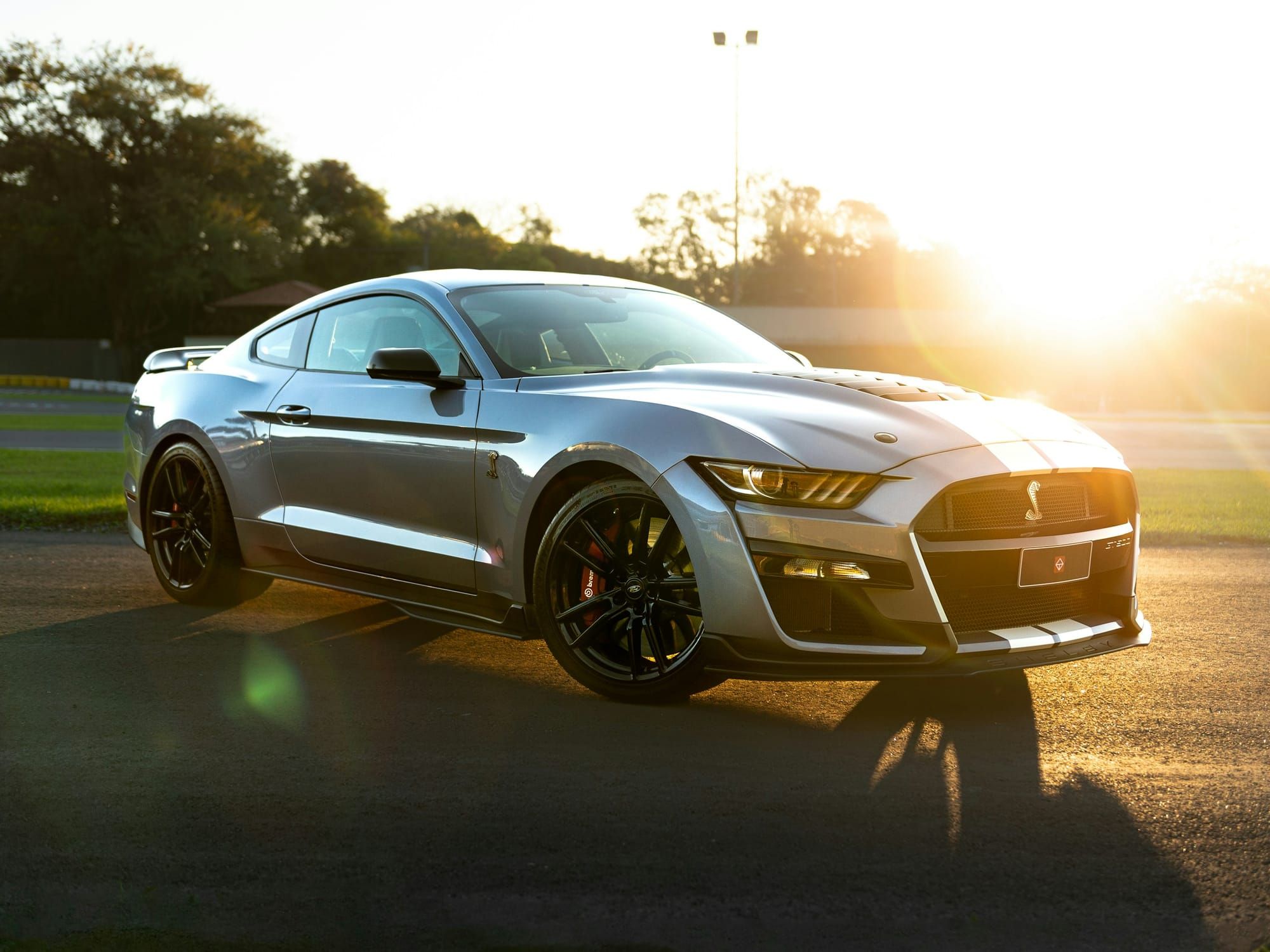 A silver muscle car in late-afternoon sun